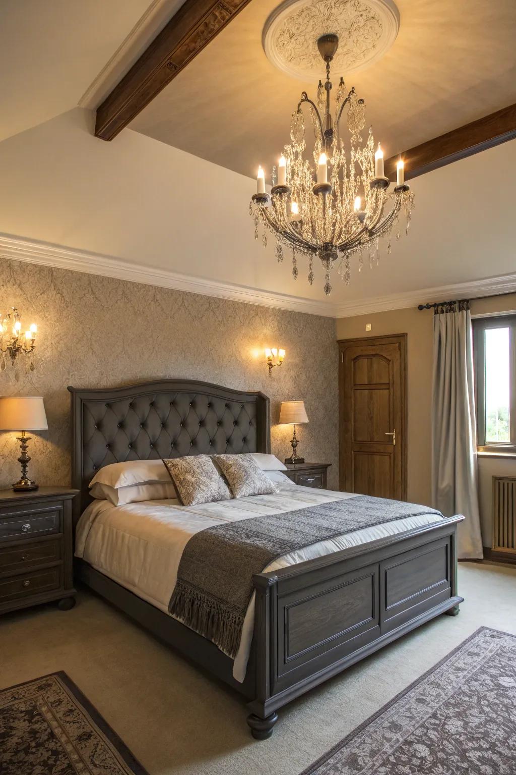 A boudoir displaying a deep charcoal bedstead, showcased by elegant lighting.