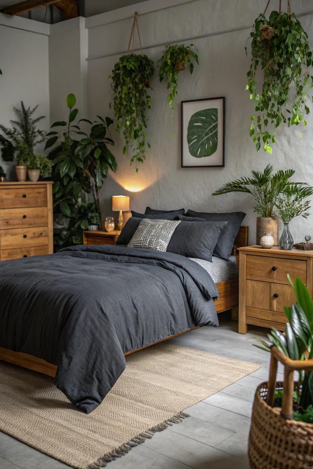 Natural elements complement the cool tones of dark grey.