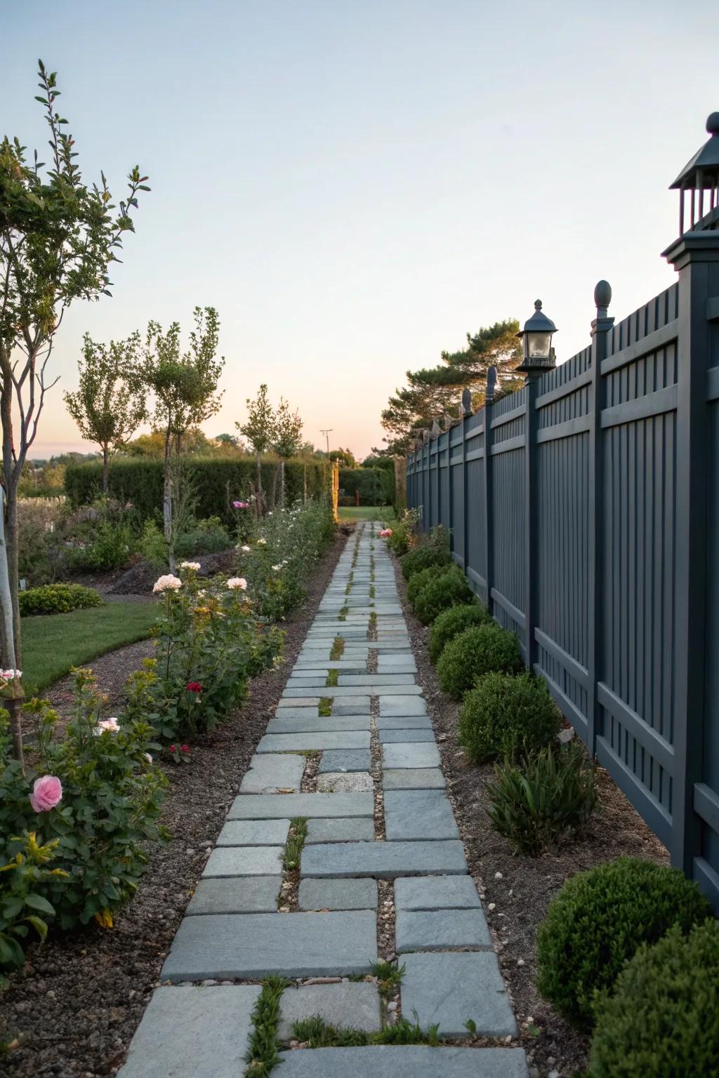 An elegant garden path bordered by a deep charcoal fence and small bushes.