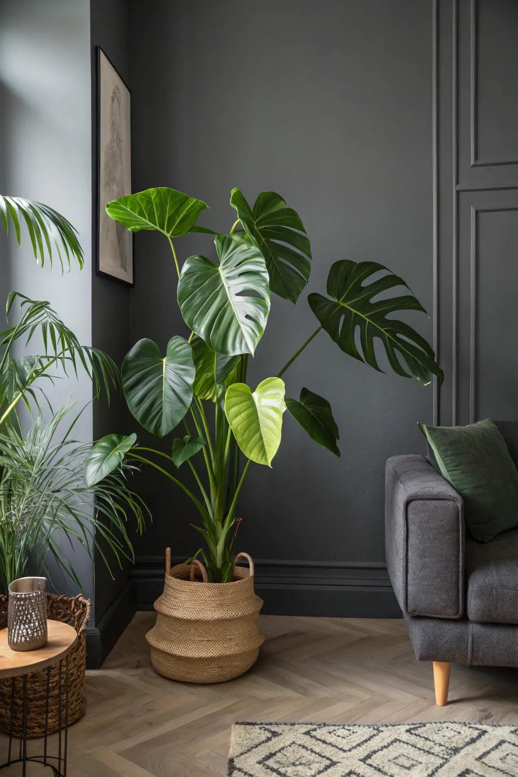 Plant life breathing vitality into a deep charcoal interior.