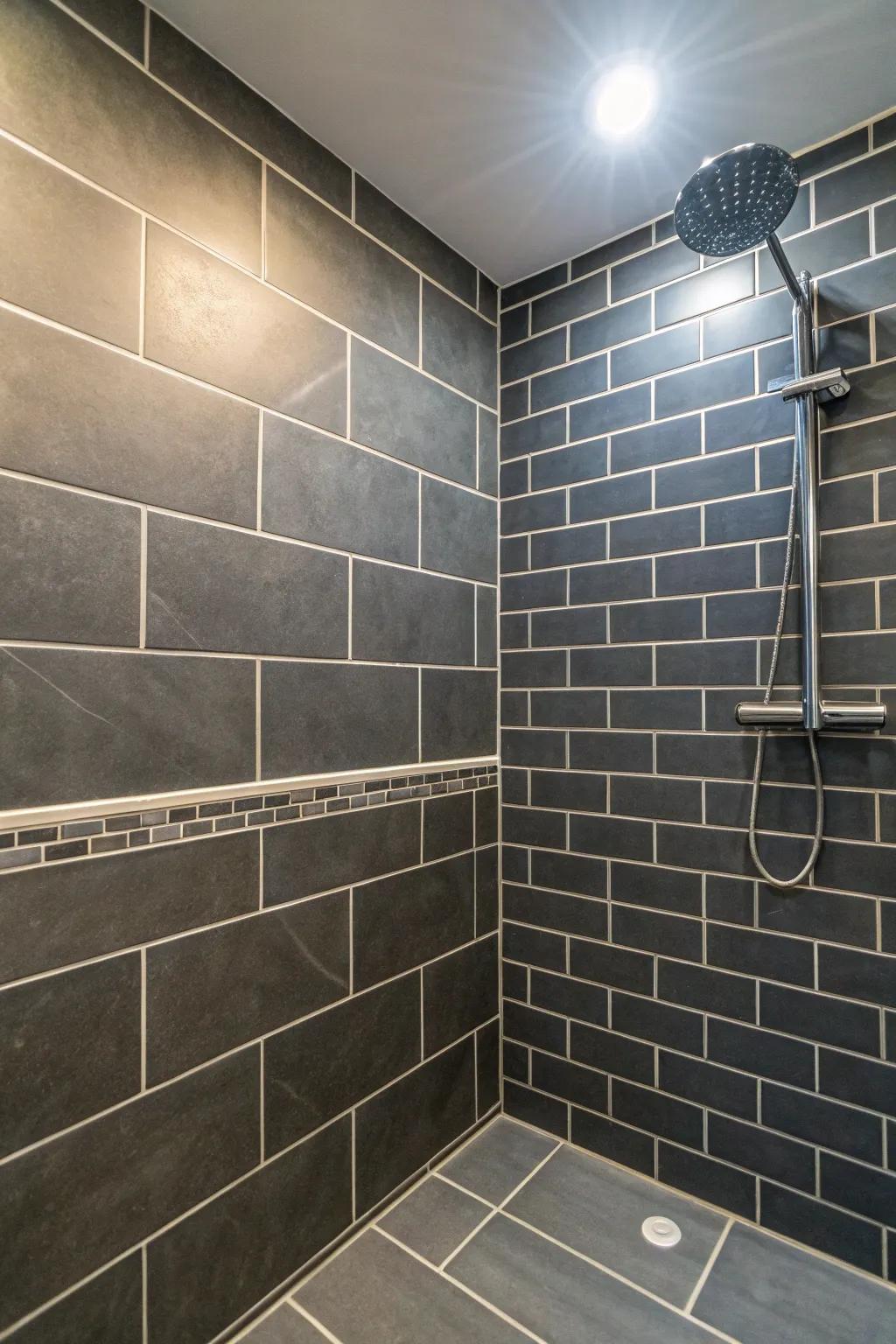 Pale filler highlights the detailed designs of deep charcoal panes.