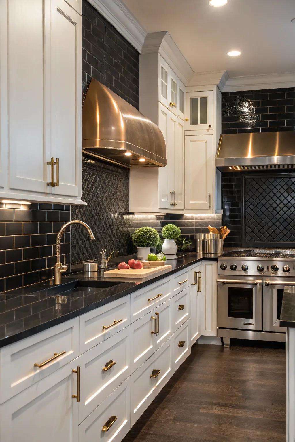 A kitchen showcasing a dark backsplash enhanced by metallic accents.