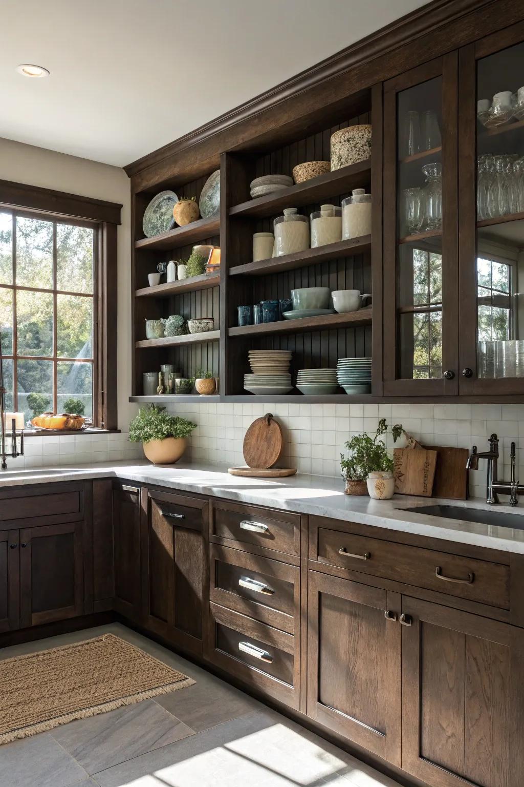 Open display complements deep-toned cabinets, incorporating utility and style.