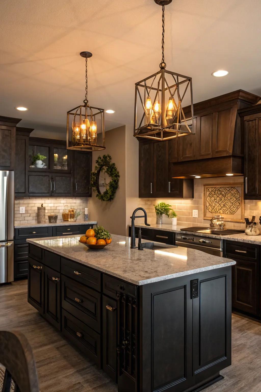 Warm hanging illumination beautifully accentuates the cooking area's deep-toned elements.
