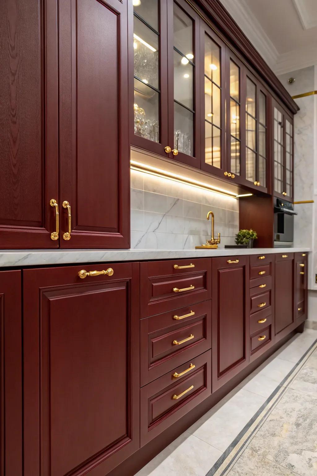 Lavish kitchen featuring scarlet-toned cabinets and gilded features.
