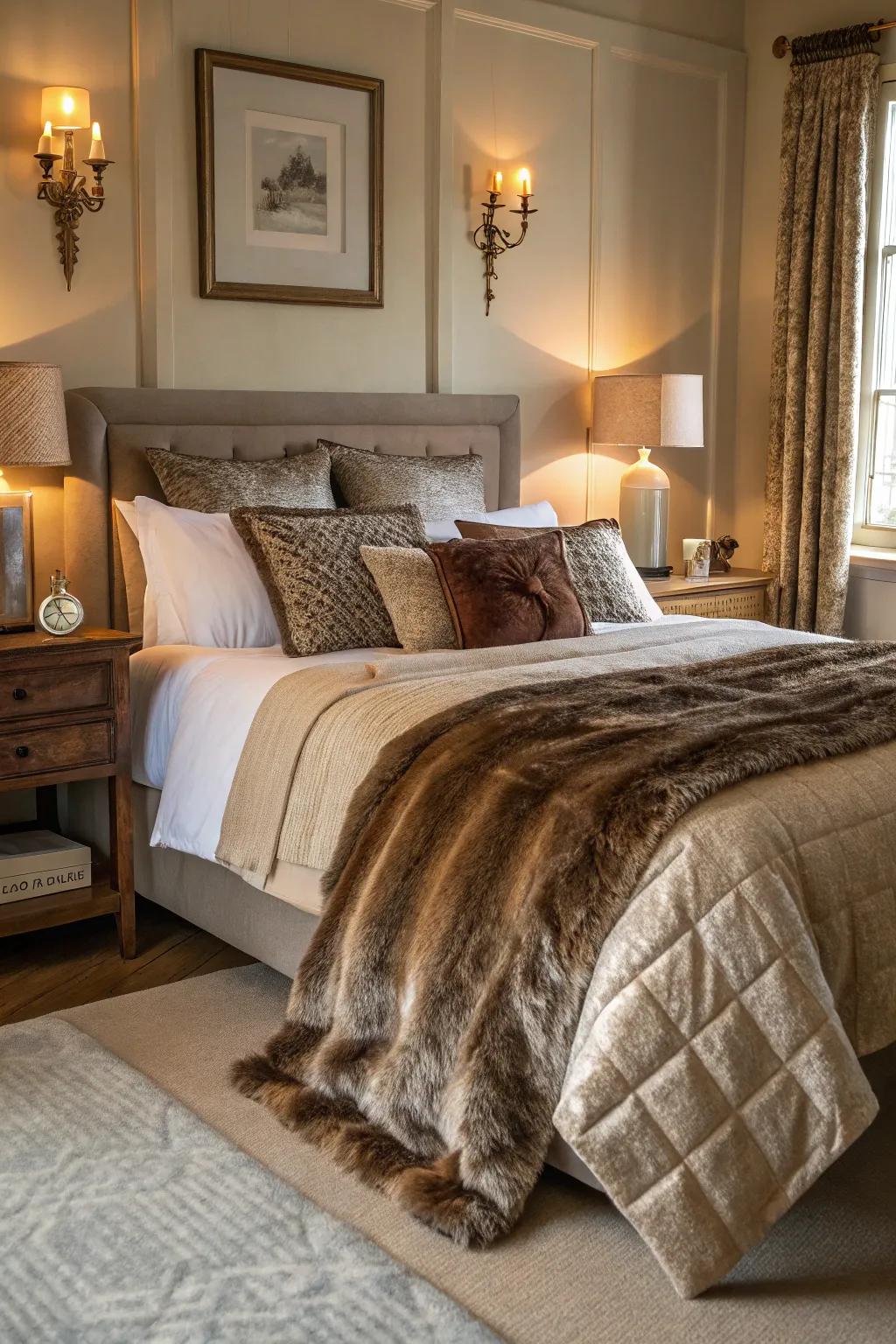 Layered textures such as faux fur and silk give dimension and encourage comfort.