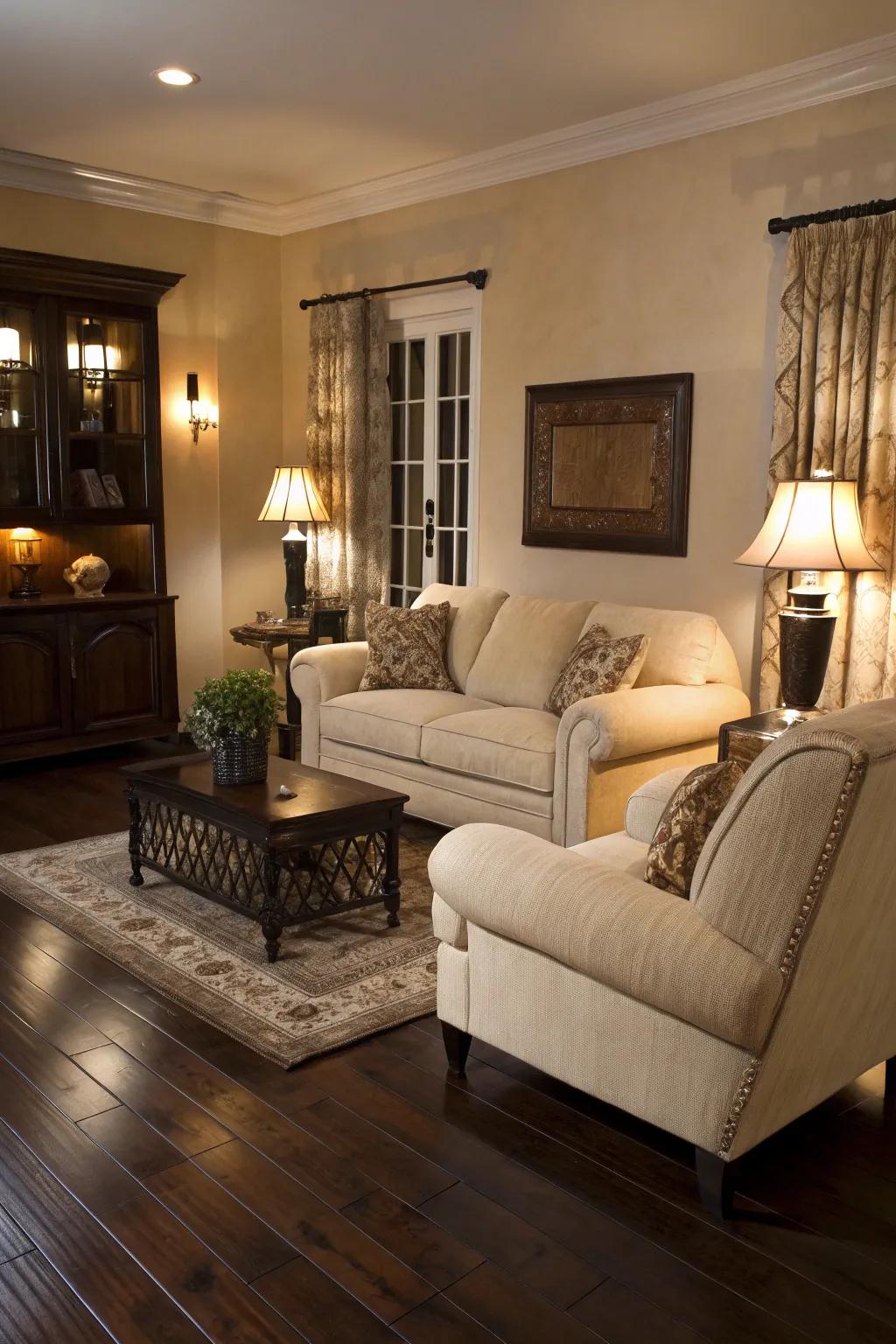Bright furniture balances perfectly against the deep-toned wooden floors.