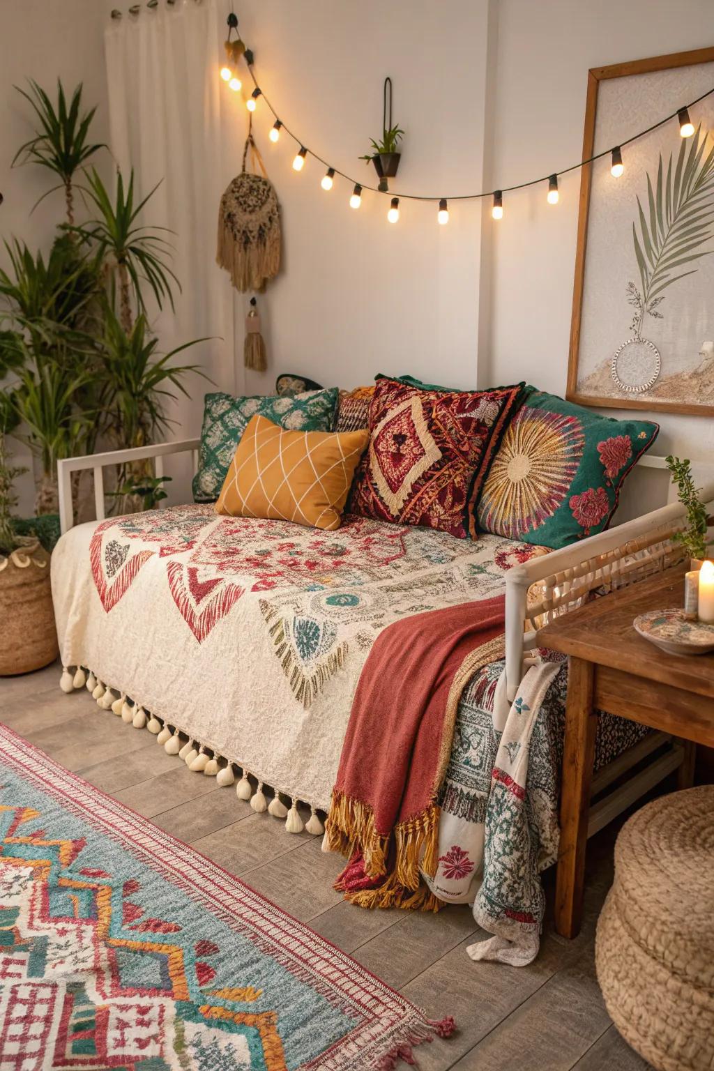 Daybed featuring bohemian textiles and designs