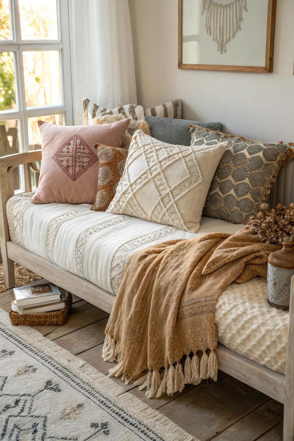 An abundant blend of textures enriching a daybed's look.
