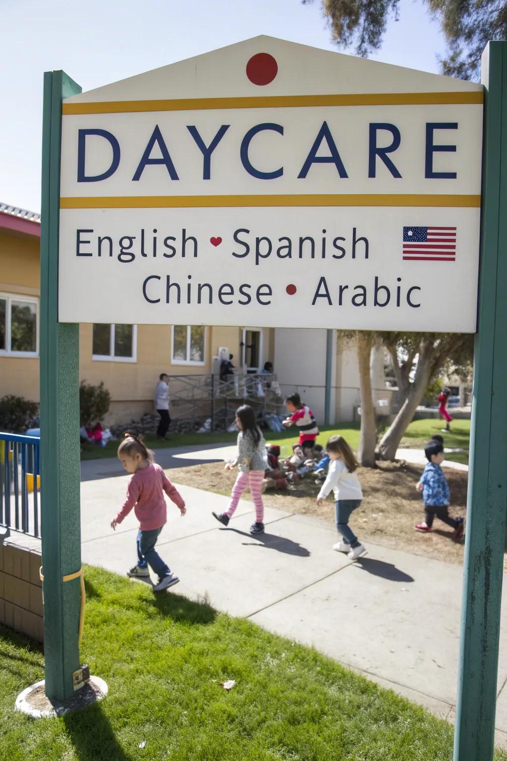 Multilingual display warmly welcomes families from diverse backgrounds at the daycare.