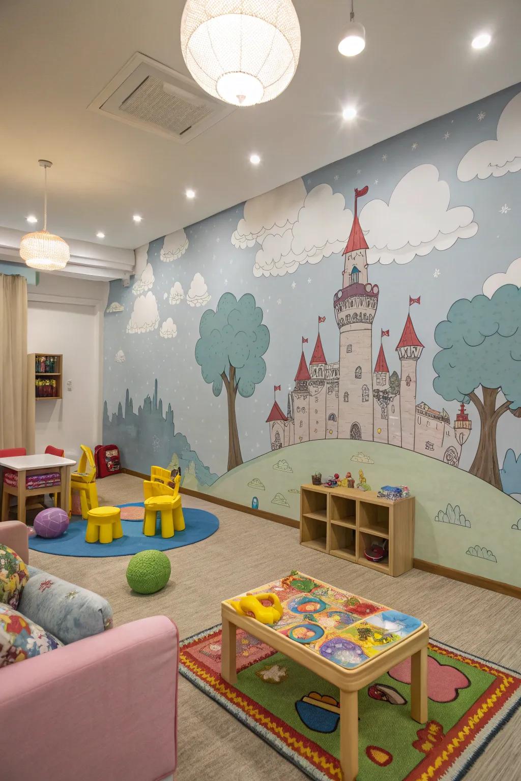 A daycare room turned into a fairy tale with fantasy-themed wallpaper.
