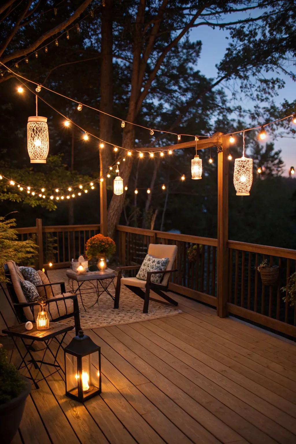 Soft lighting casts a magical glow over this deck, ideal for evening unwinding.