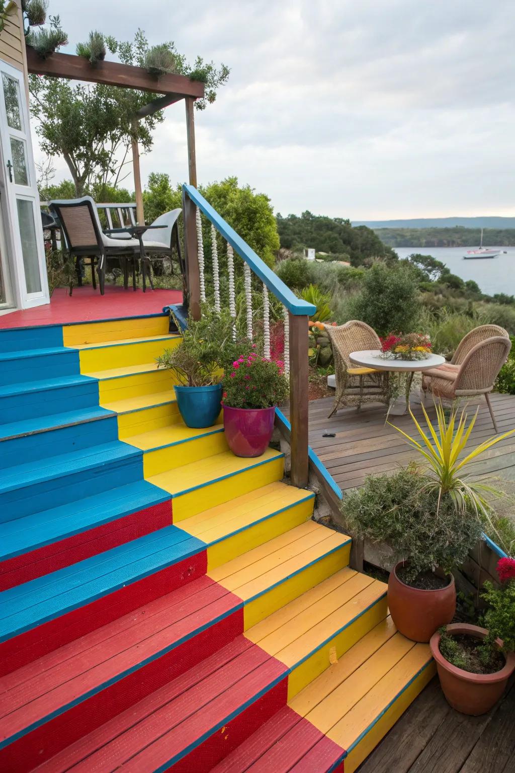 Deck steps showcase vibrant colors for a lively design