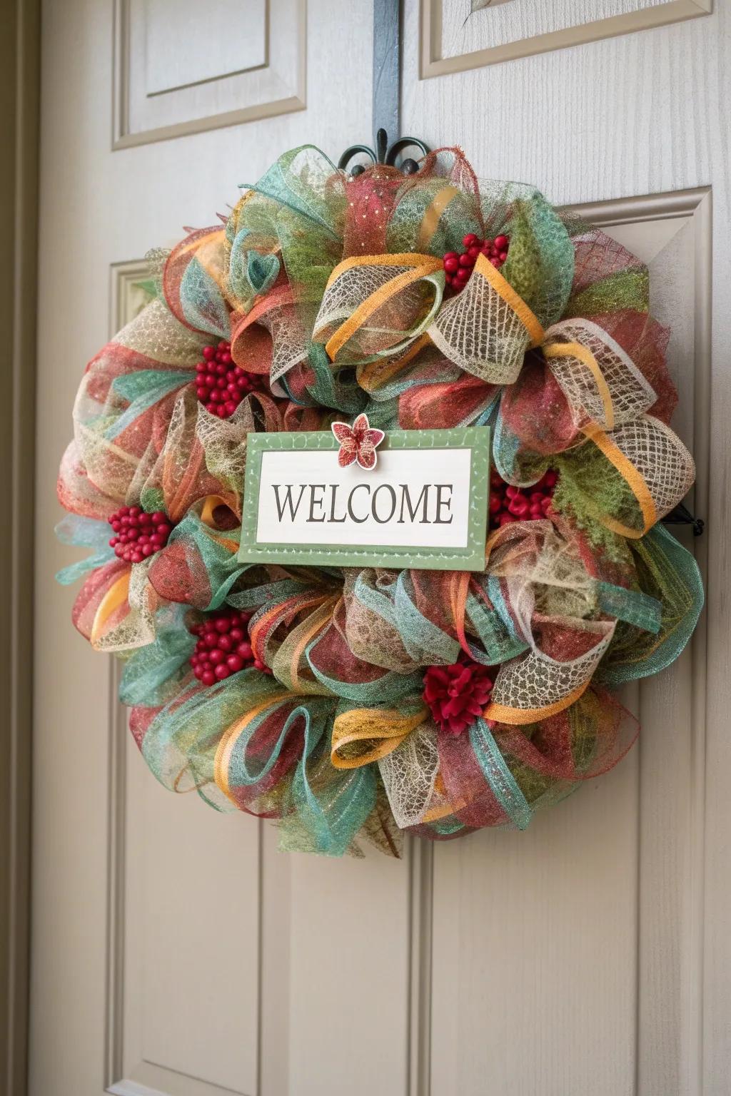 A welcoming sign lends a personal touch to this fall wreath.