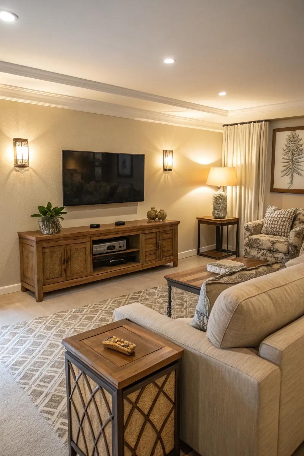 Subdued shades construct a serene setting around the TV.