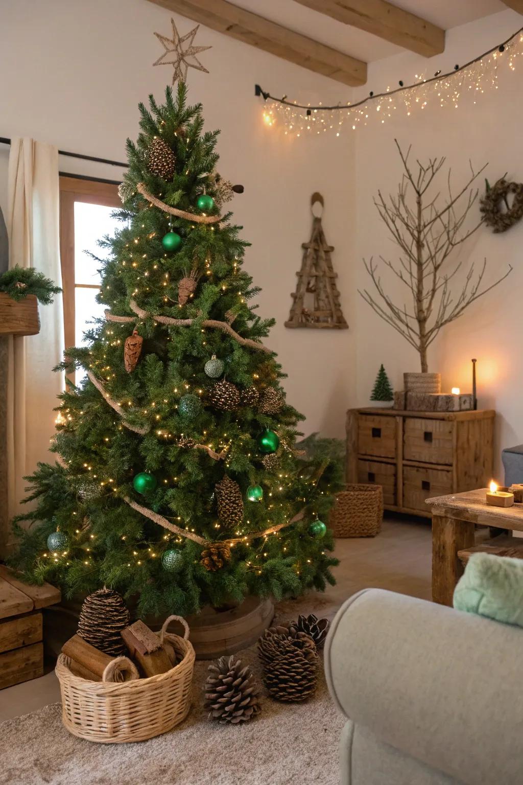 A woodland fairytale Christmas tree with emerald lights and woodland ornaments.
