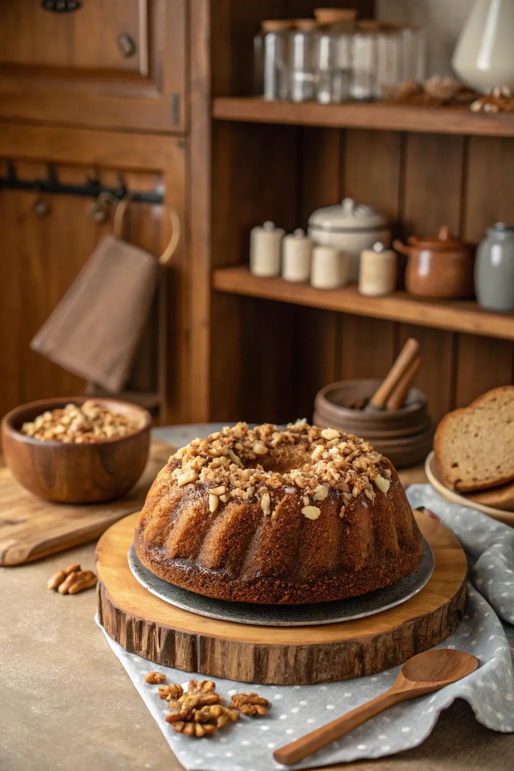 A bundt cake with crunchy, tasty nuts on top.