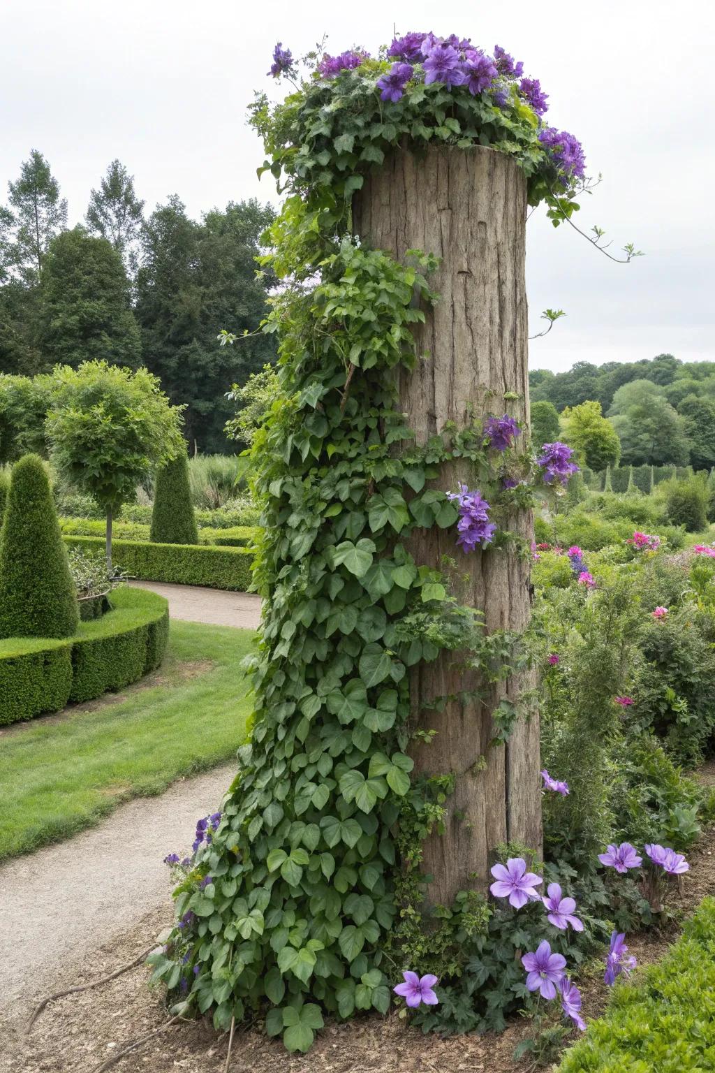 Construct a vertical garden with climbing plants adorning a tree stump.