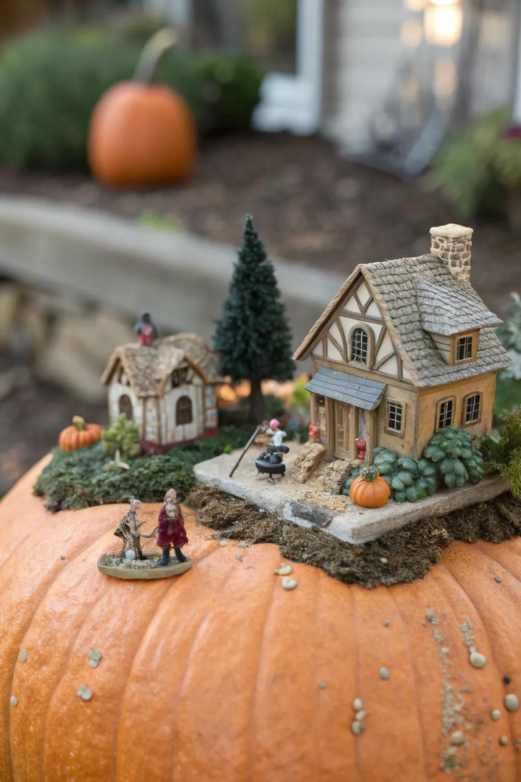 Design a whimsical miniature scene on your pumpkin for a distinctive centerpiece.