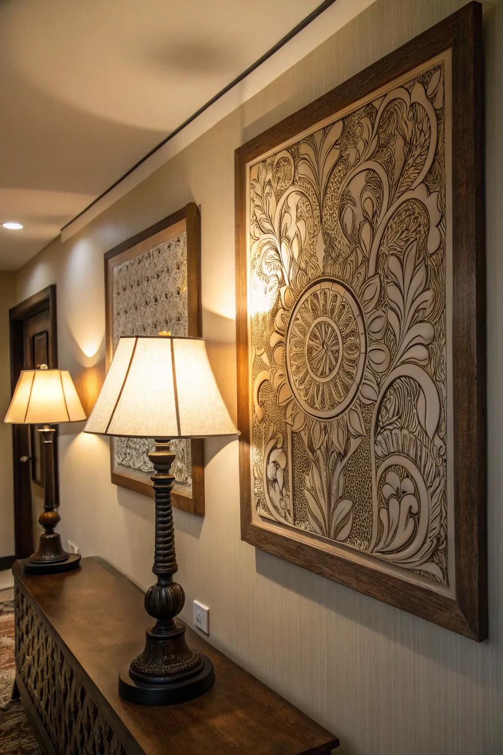 Accent lamps shine on artwork, adding dimension and interest.