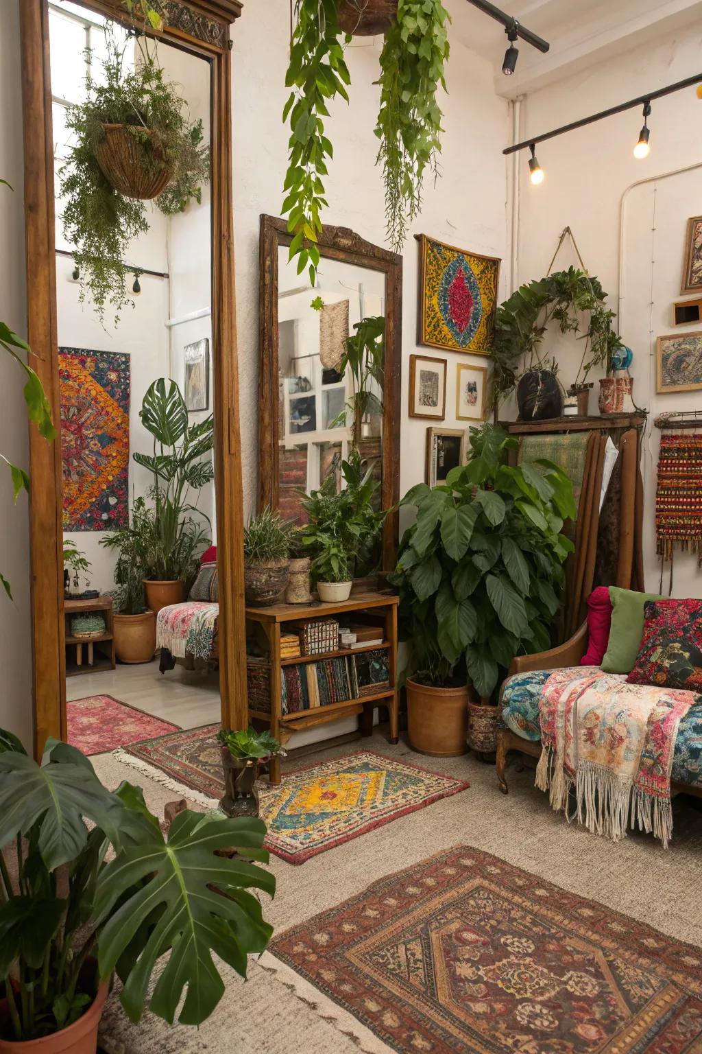 Bohemian vibes through mirrors, plants, and eclectic décor elements.