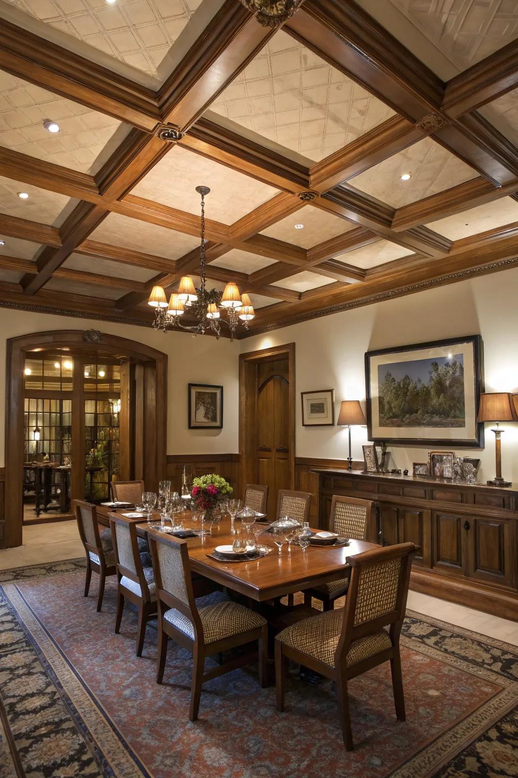 Coffered ceilings, complete with beams, introduce a note of sophistication to any area.