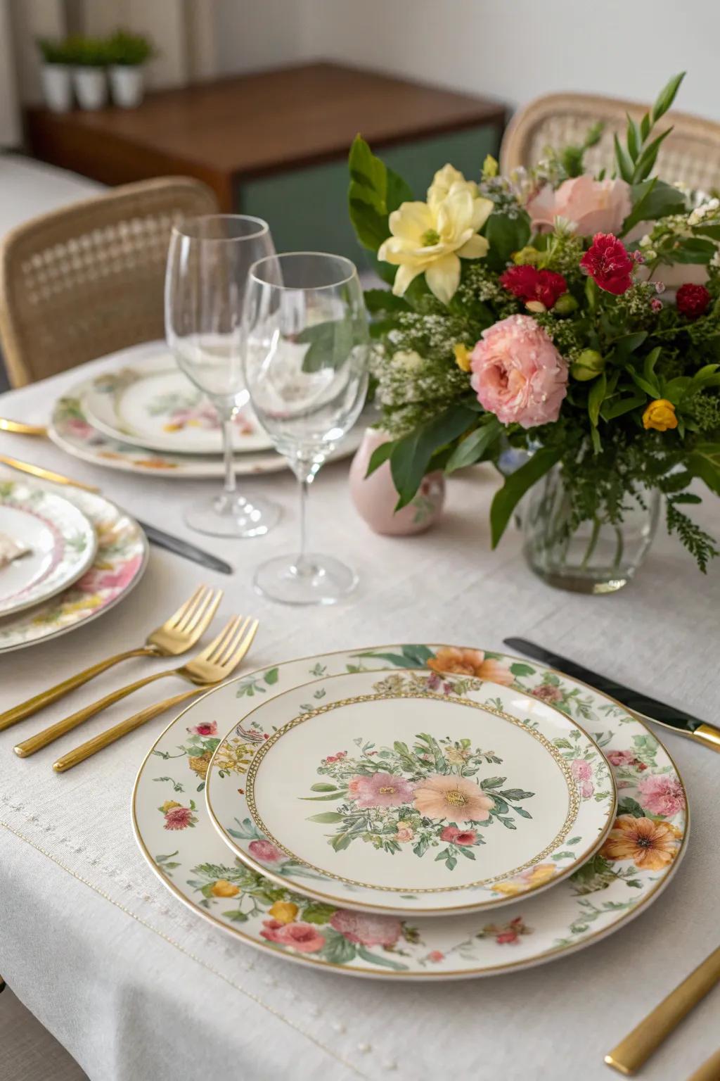 Serving plates enriched with fresh flowers for a lively visual.