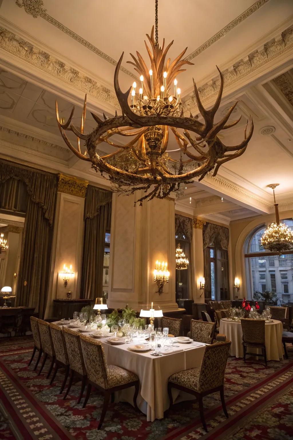 A grand lighting feature crafted from deer antlers becomes the focal point in a luxurious dining area.