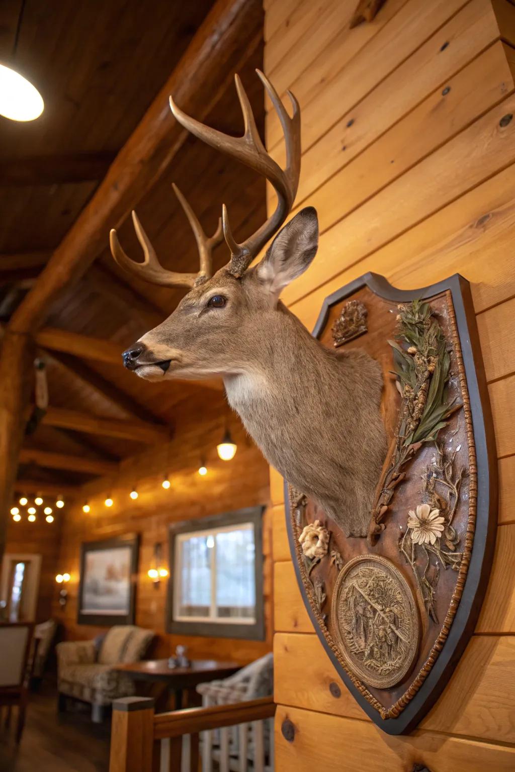A deer mount on a custom, handcrafted panel.