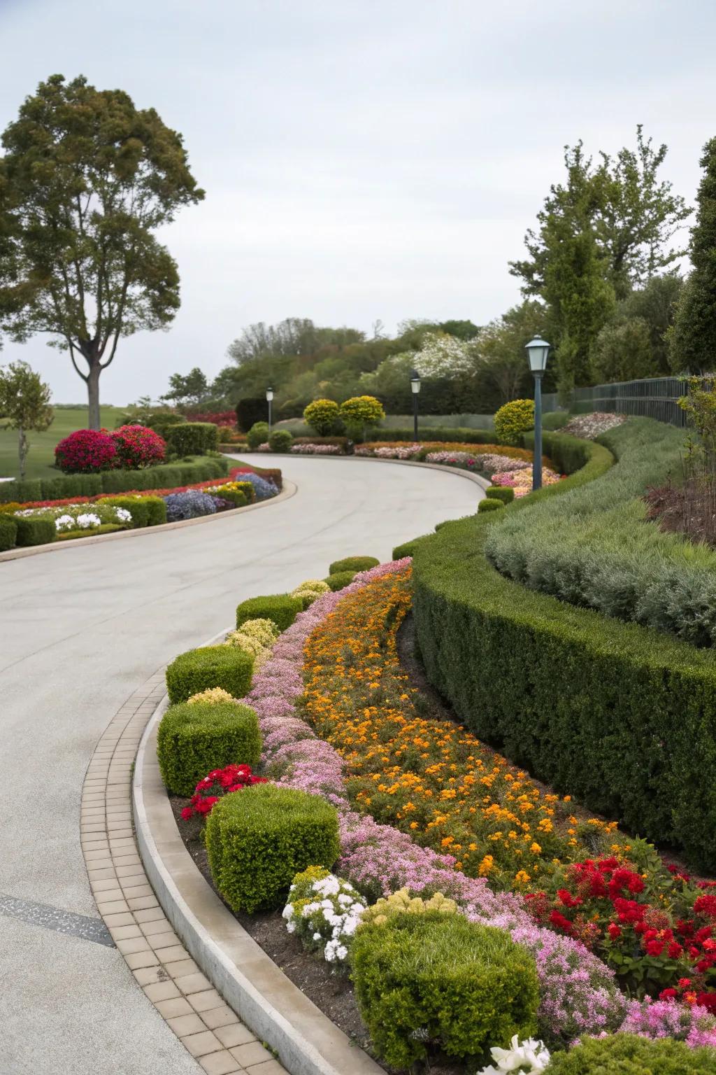 Botanical perimeters transform this driveway into a fragrant, colorful route.
