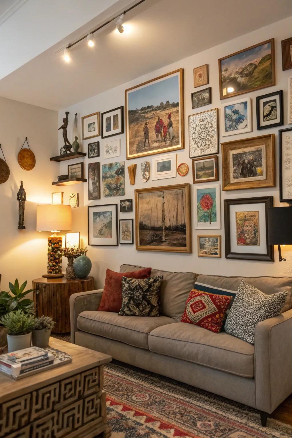 An artistic gallery wall that imparts charm and character to the space.