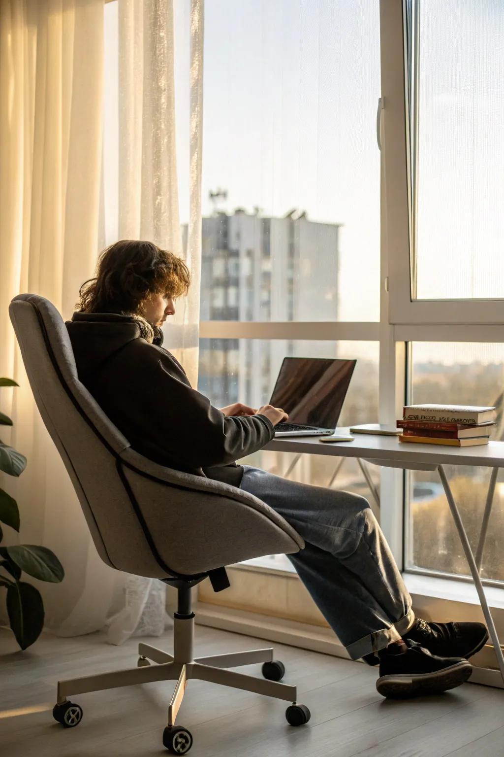 A posture-supporting chair offers comfort for long work hours.