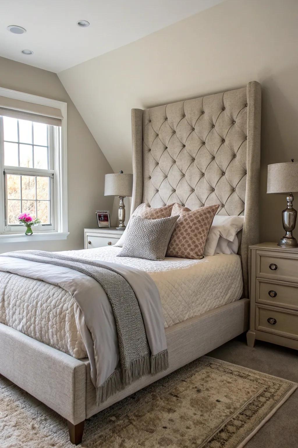 Using a tall headboard introduces elegance and height to a diagonally oriented bed.