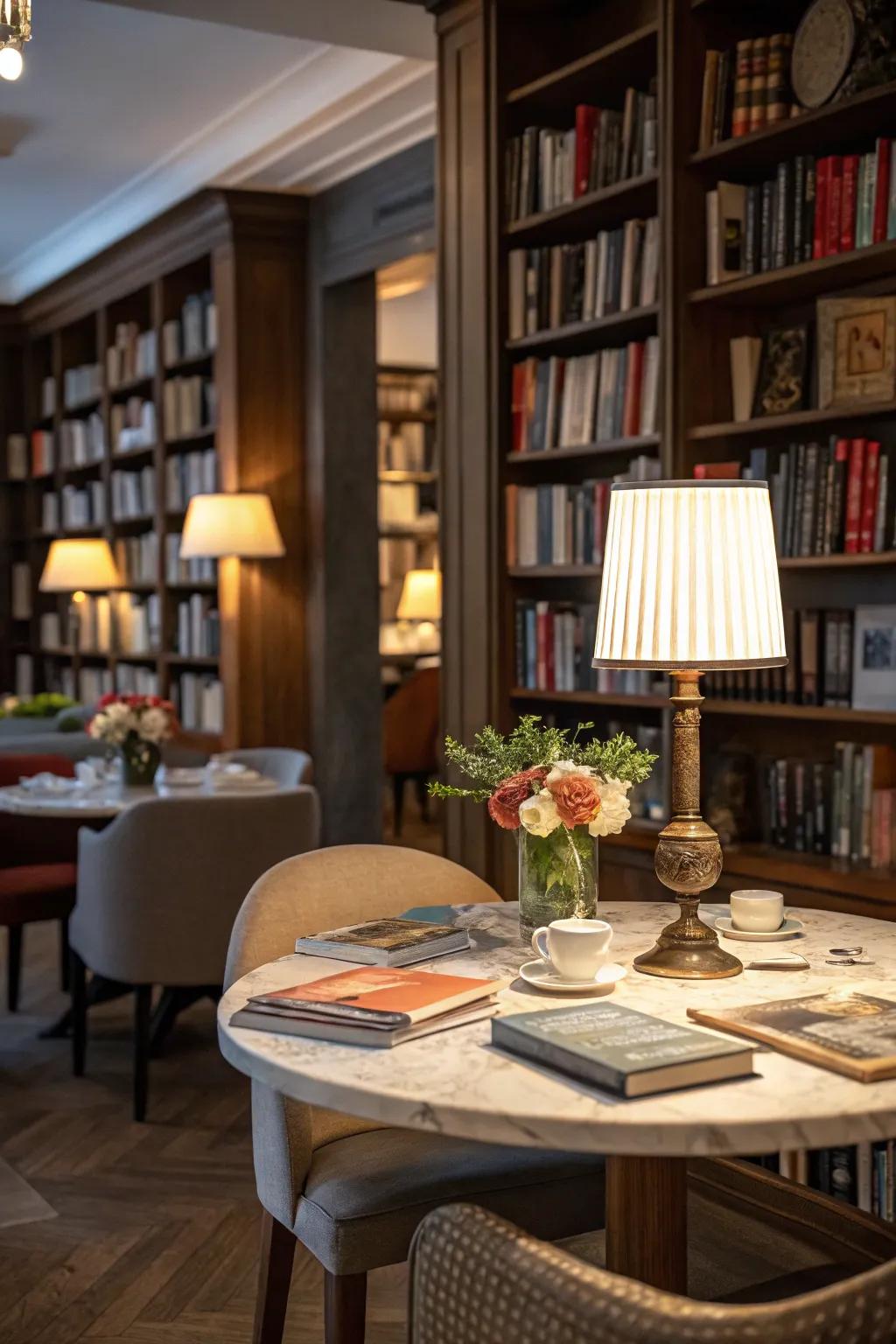 Dining within a library setting evokes a scholarly ambiance.