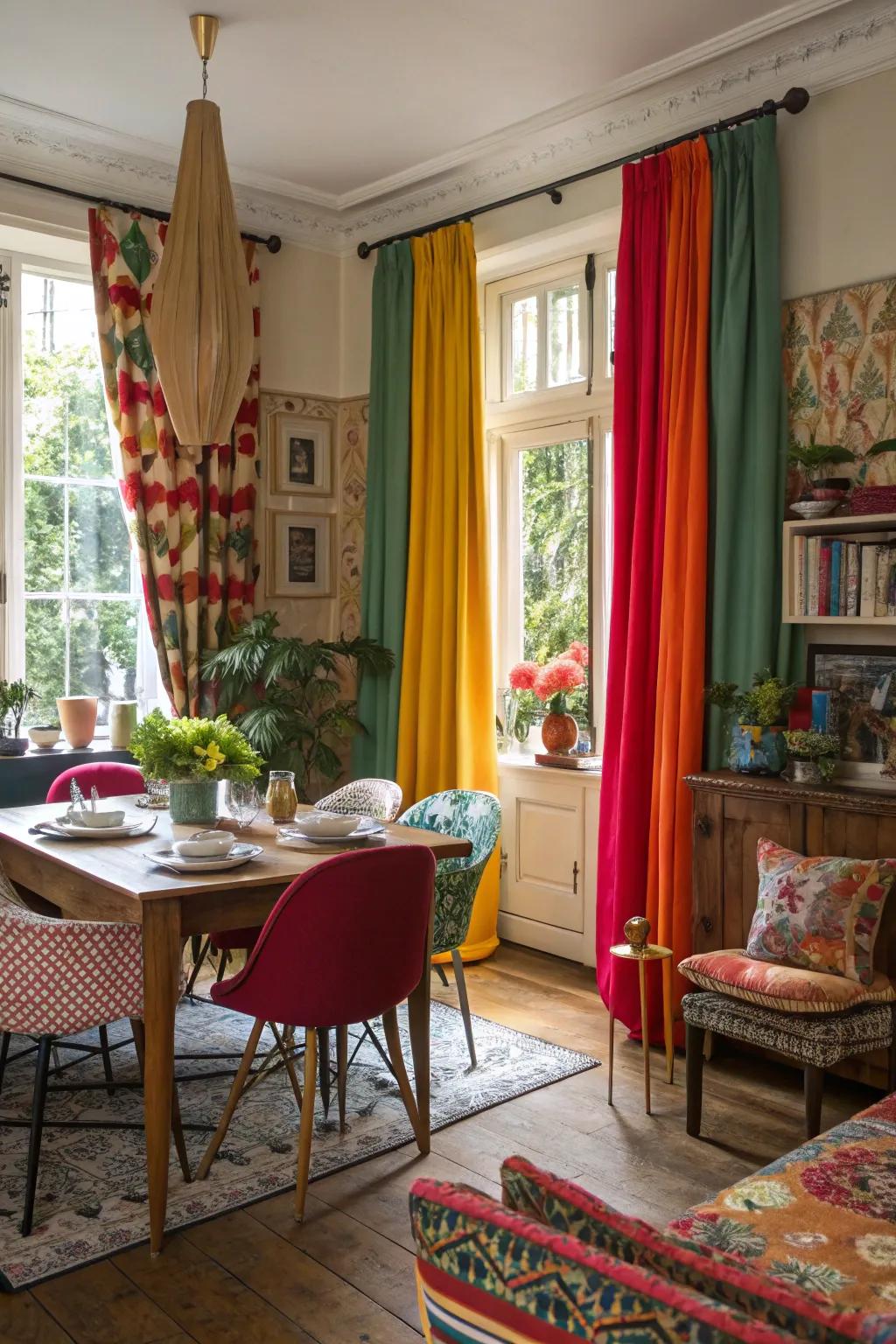 Artistic coverings adding vibrancy to a uniquely styled dining area.