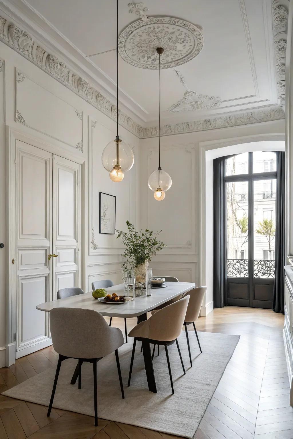 Understated fixtures offer subtle elegance in this dining room.