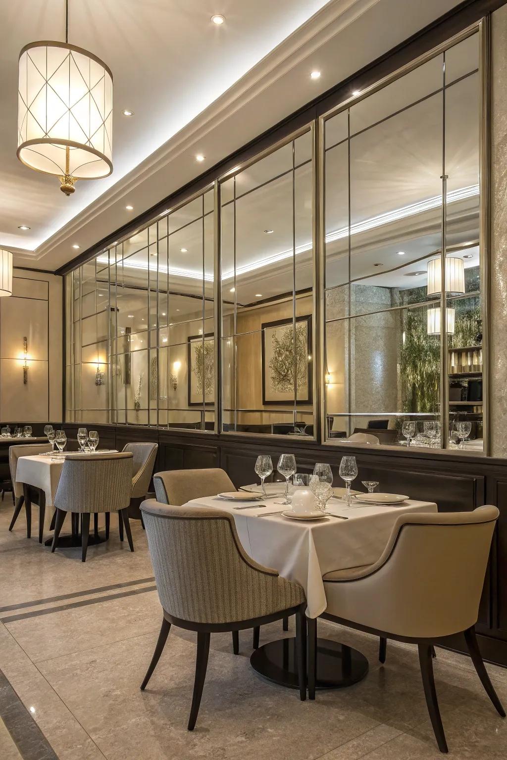 Reflective backsplashes bring unique radiance to dining areas.