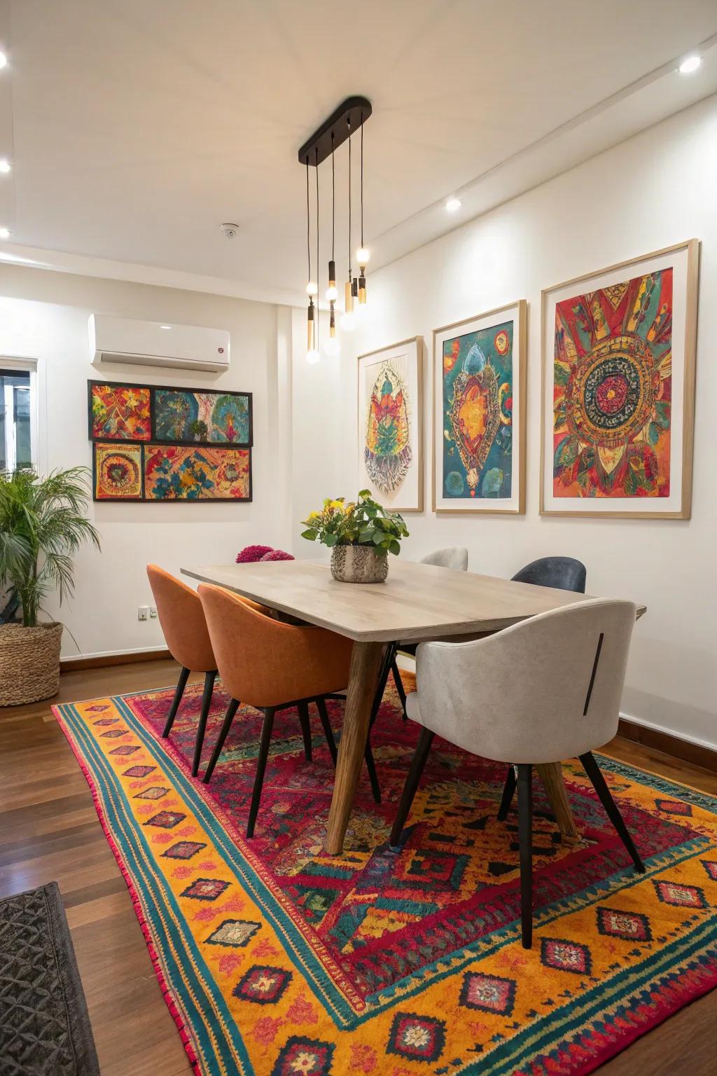 Vibrant hues breathing energy and individual flair into the dining room.