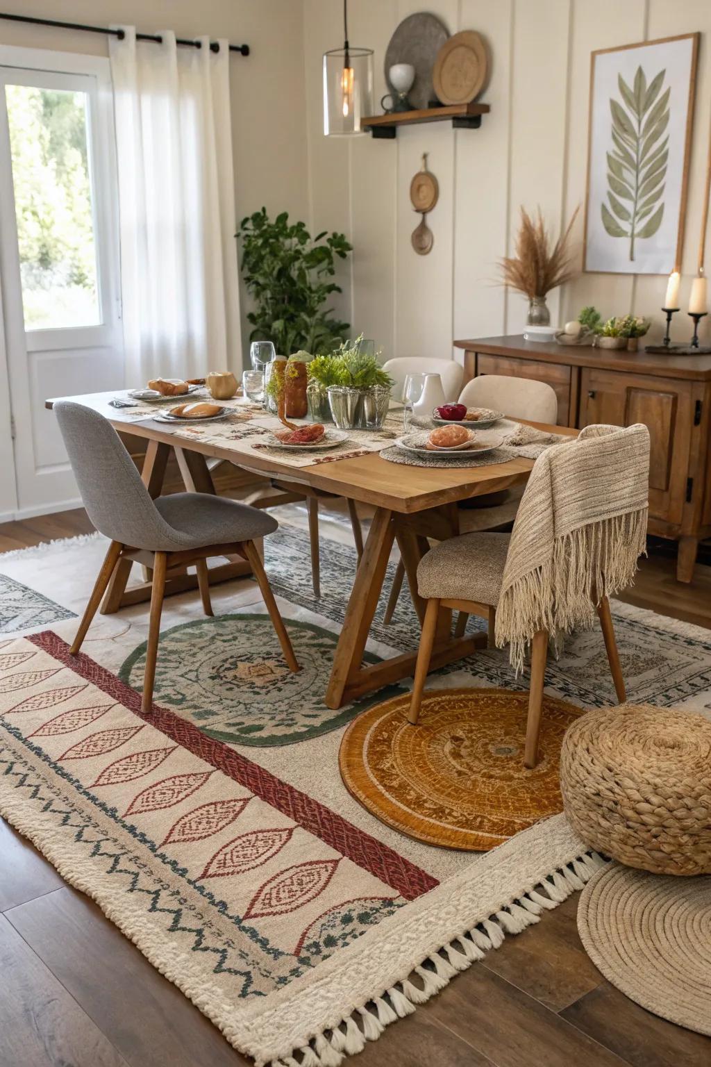 Develop dimension with layered rugs.