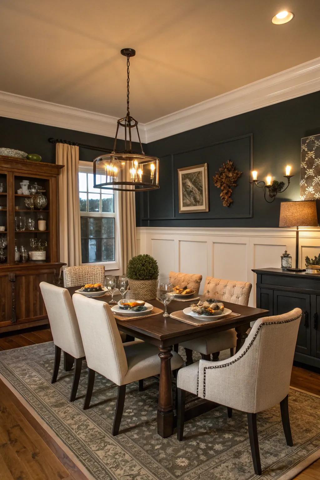 A dark pigment atop the chair rail crafts an intimate dining atmosphere.