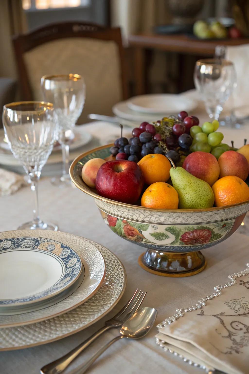 A practical centerpiece like a fruit bowl combines beauty and utility.