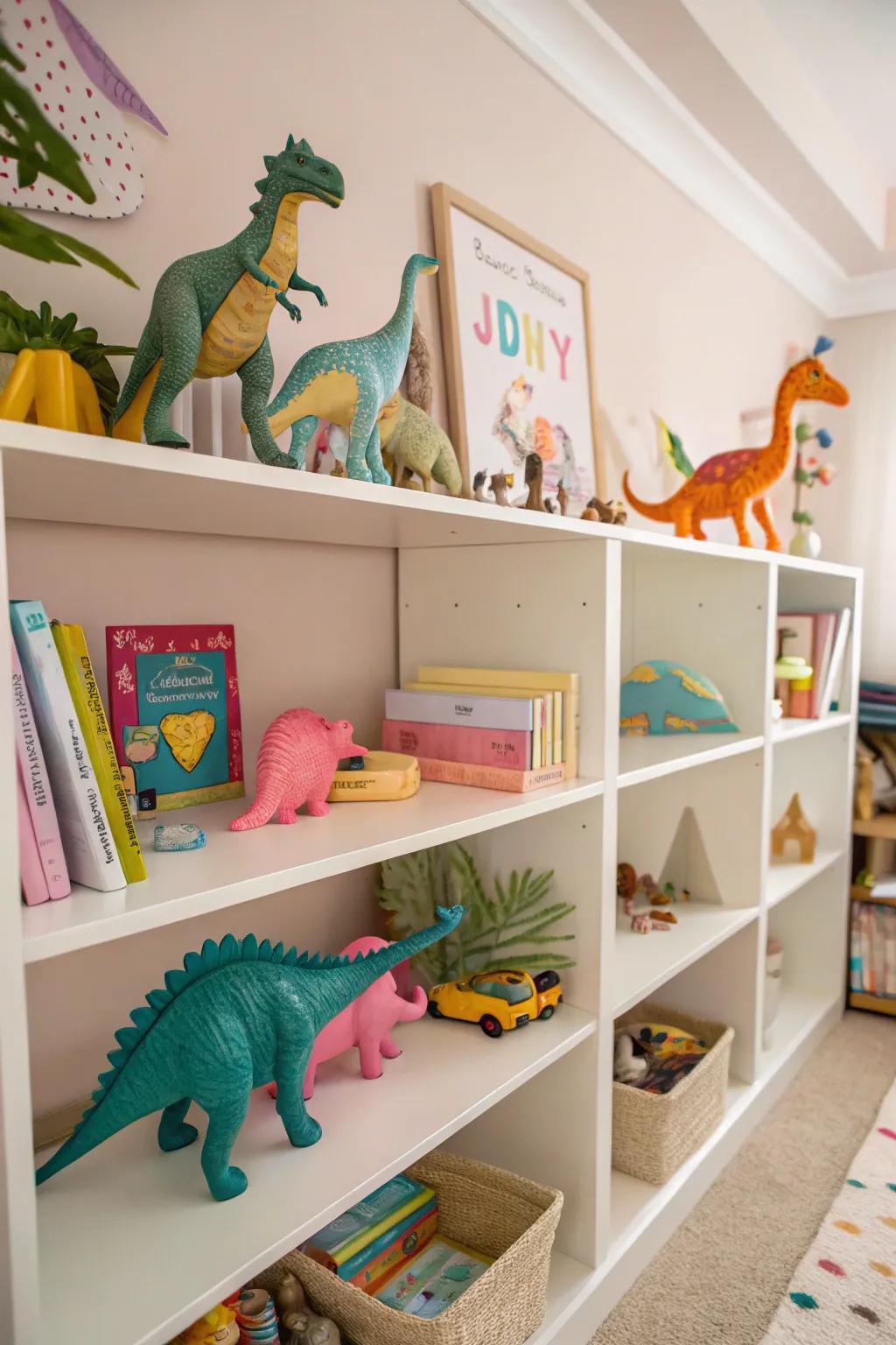 A curated collection of dinosaur toys and figurines, infusing playful charm and character into the room.