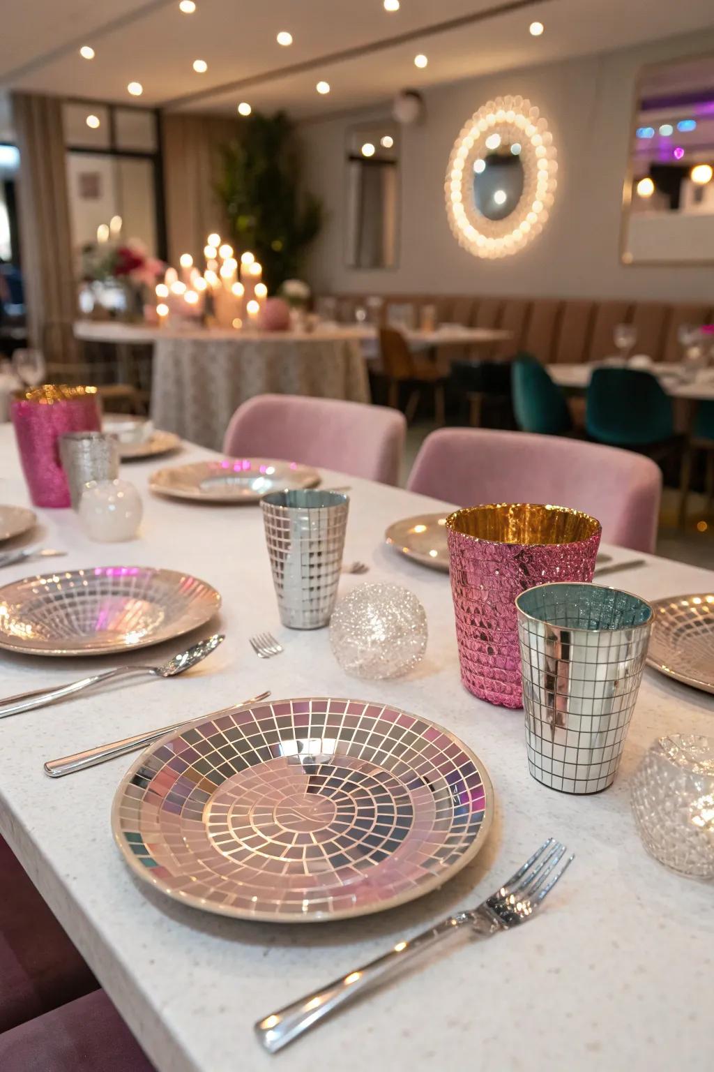 Disco-inspired tableware adds sparkle to the party's decor.