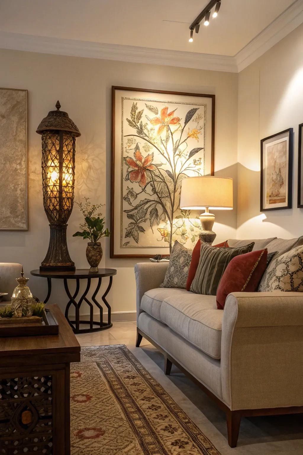 Subtle lighting transforming ordinary decor into a captivating point of focus.