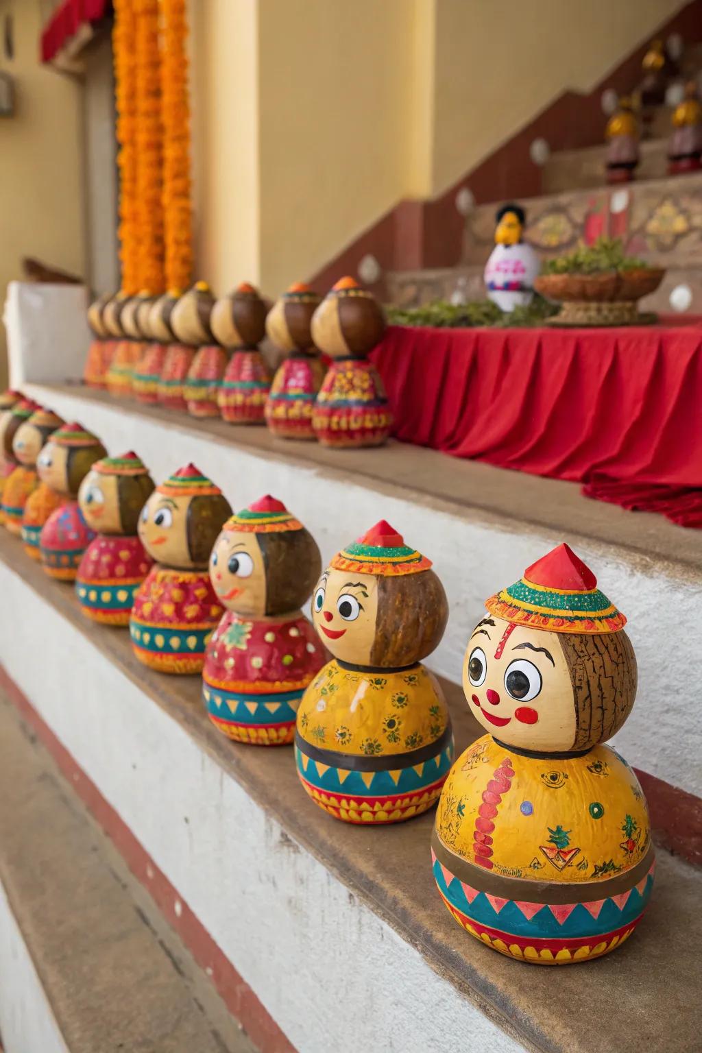 Dolls fashioned from coconut husks contribute an eco-friendly touch to Golu.