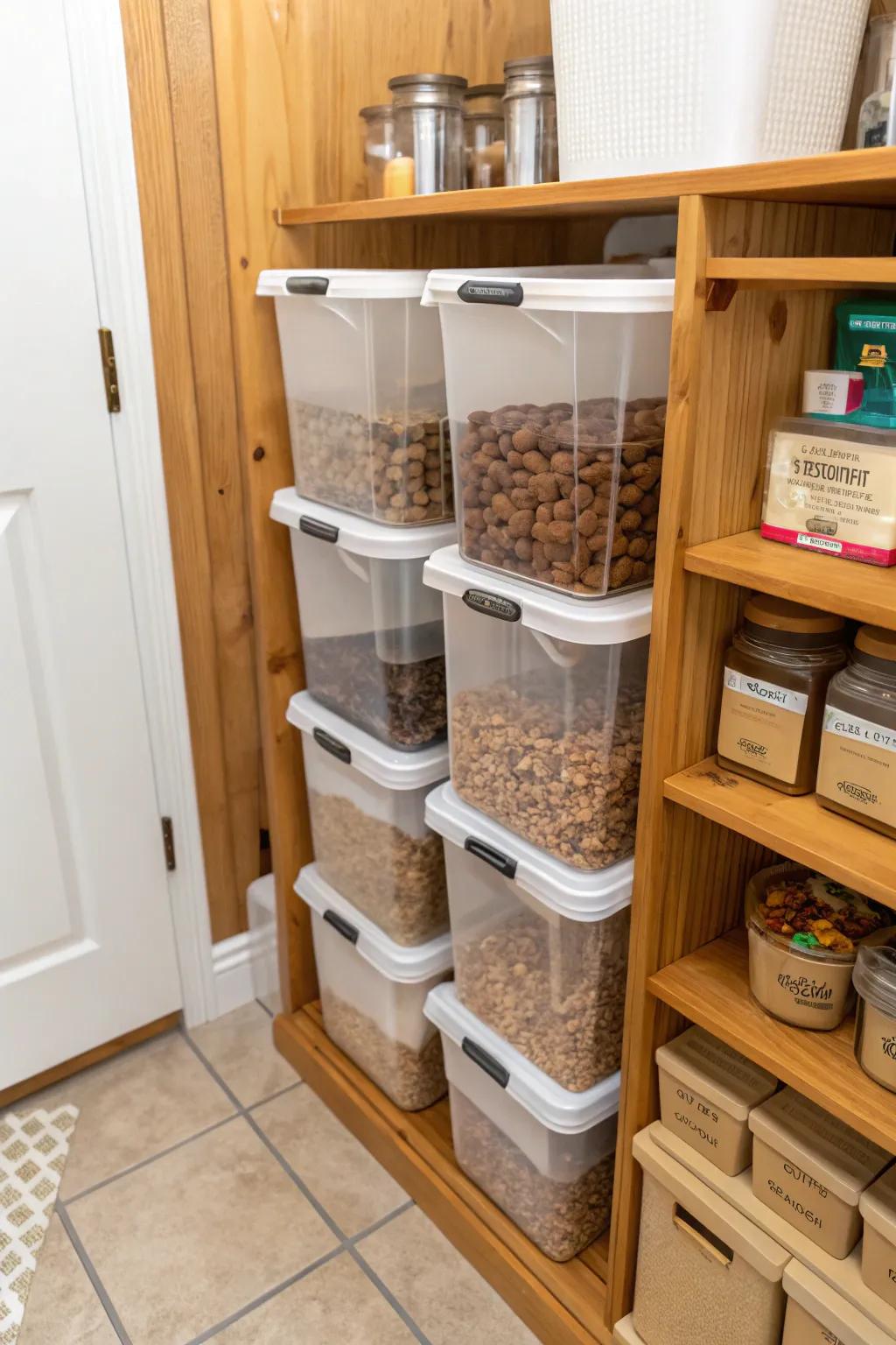 Large stackable bins with scoops offer a neat solution for storing dog food bought in bulk.