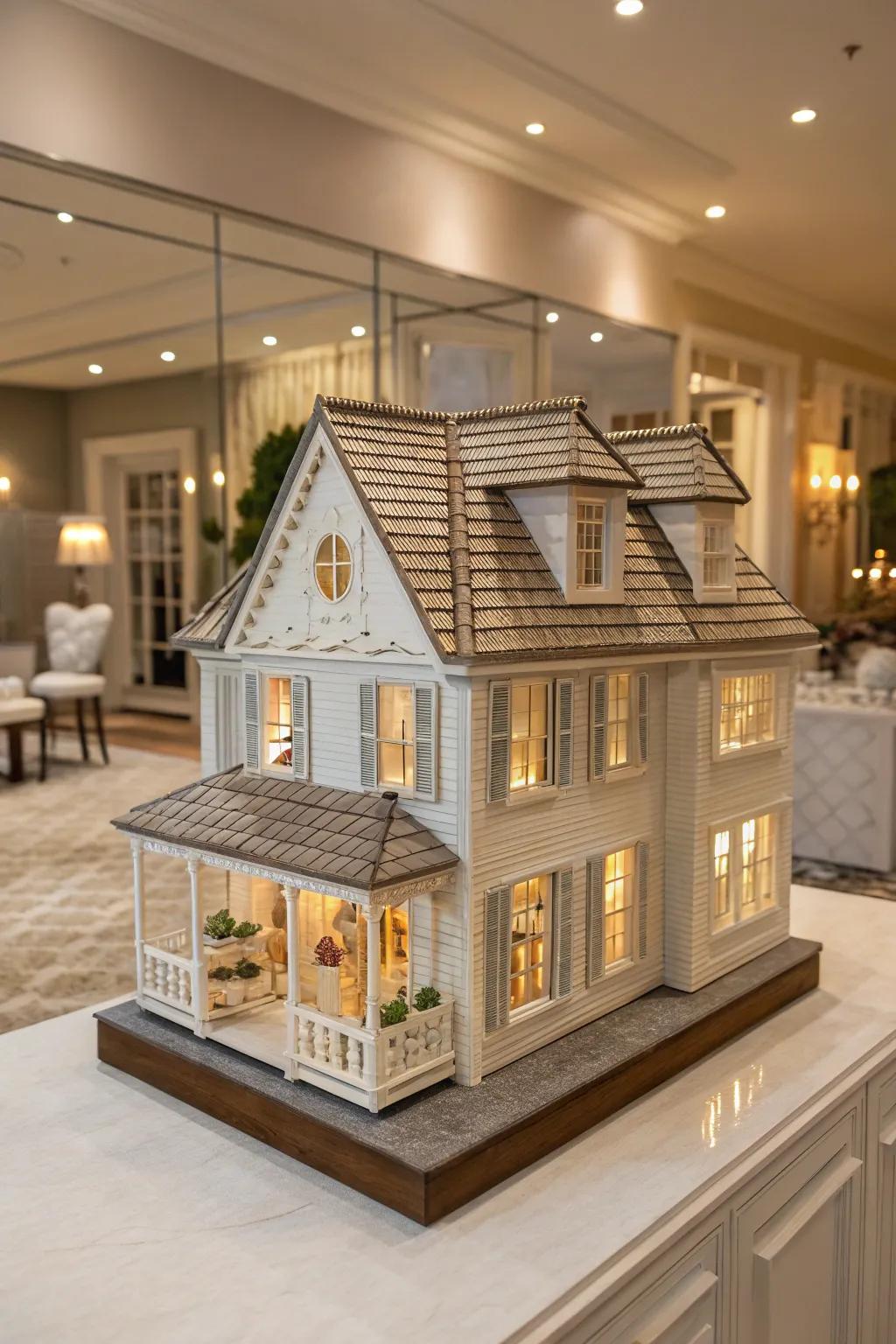 A rooftop design lends authenticity to a dollhouse display.