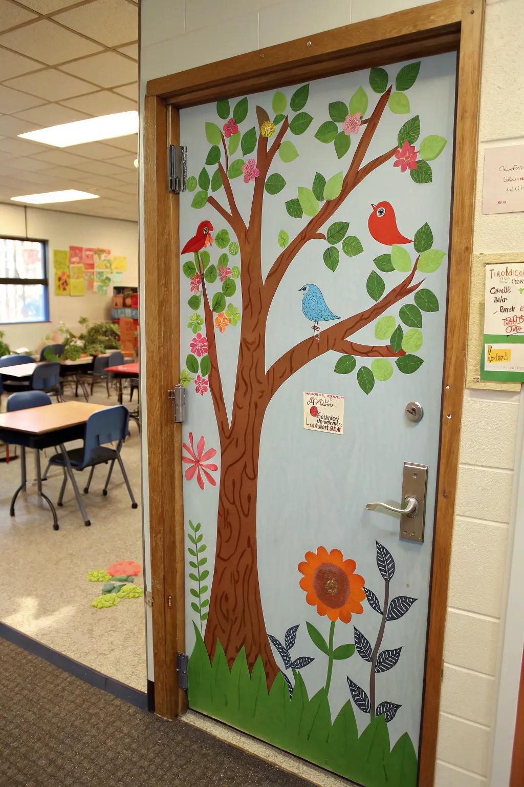 Natural accents imparting a calming touch to the classroom door.