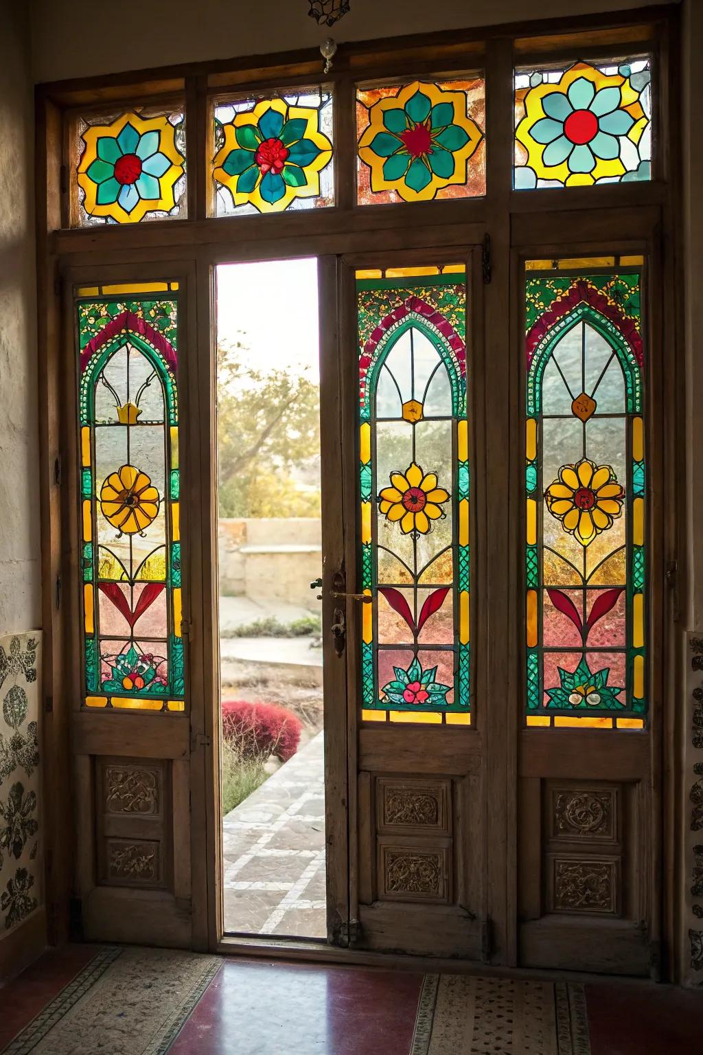 Dyed glass decals add bright color and privacy to your door windows.