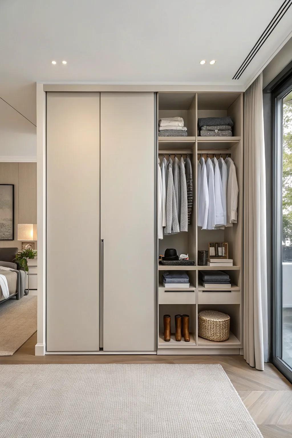 A minimalist double closet design radiates elegance and calm.